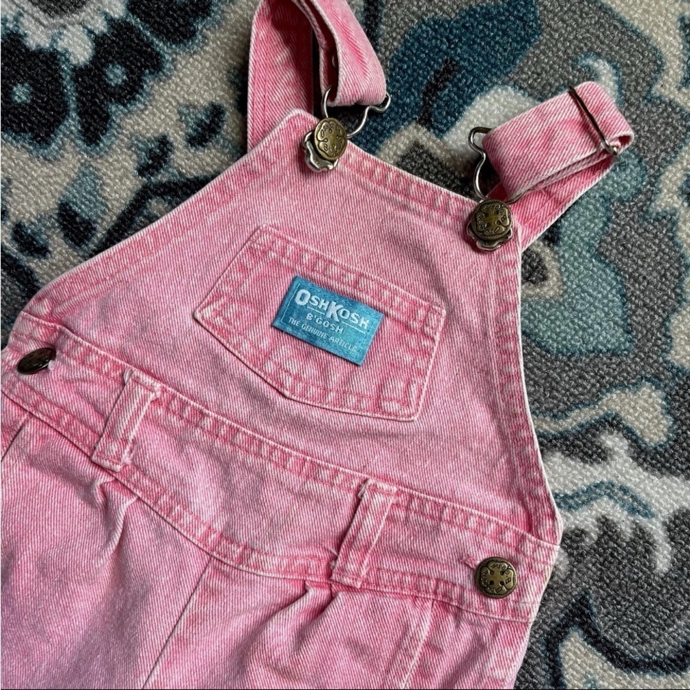 Vtg Osh Kosh B'Gosh Overalls Sz 12mon Vestback Pink Acid Wash Pleated Bibs READ - Picture 11 of 13